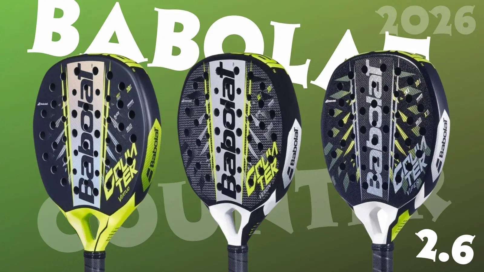 Raquettes de padel Babolat Counter 2.6 2026 jaunes et noires sur fond vert