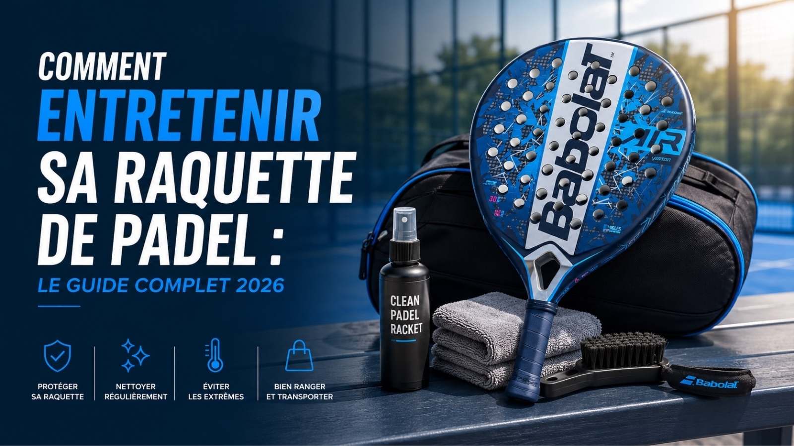 Comment entretenir sa raquette de padel : raquette Babolat Air Veron 2025 avec housse, chiffon microfibre, spray nettoyant et brosse pour illustrer le guide complet d’entretien 2026.