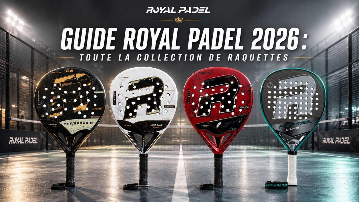 Collection de raquettes de padel Royal Padel 2026 alignées sur un terrain