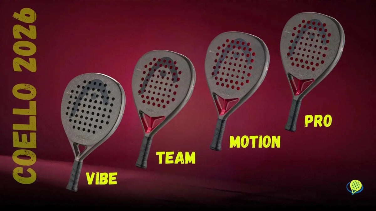 Collection Head Coello 2026 : raquettes de padel Vibe, Team, Motion et Pro sur fond rouge