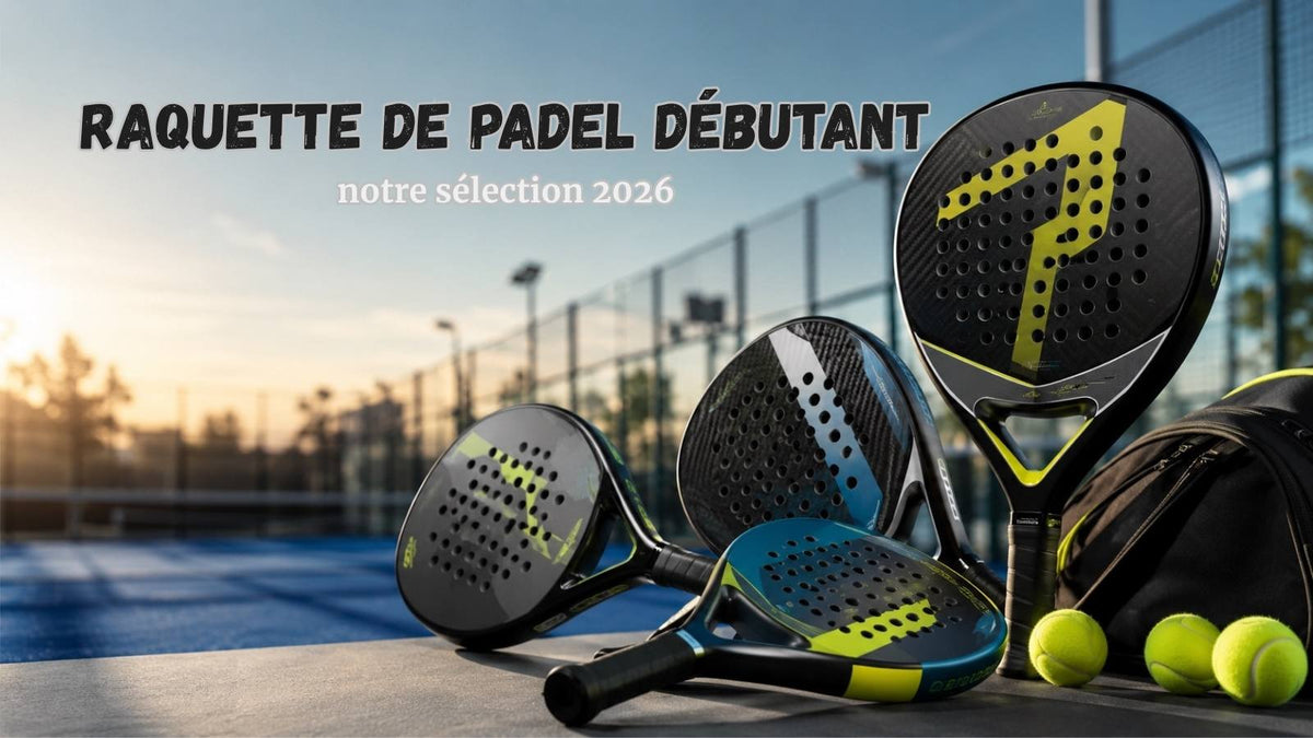 Sélection de raquettes de padel pour débutants 2026 disposées sur un terrain de padel moderne au coucher du soleil, avec design rond, technologies innovantes et ambiance premium favorisant la progression des nouveaux joueurs.