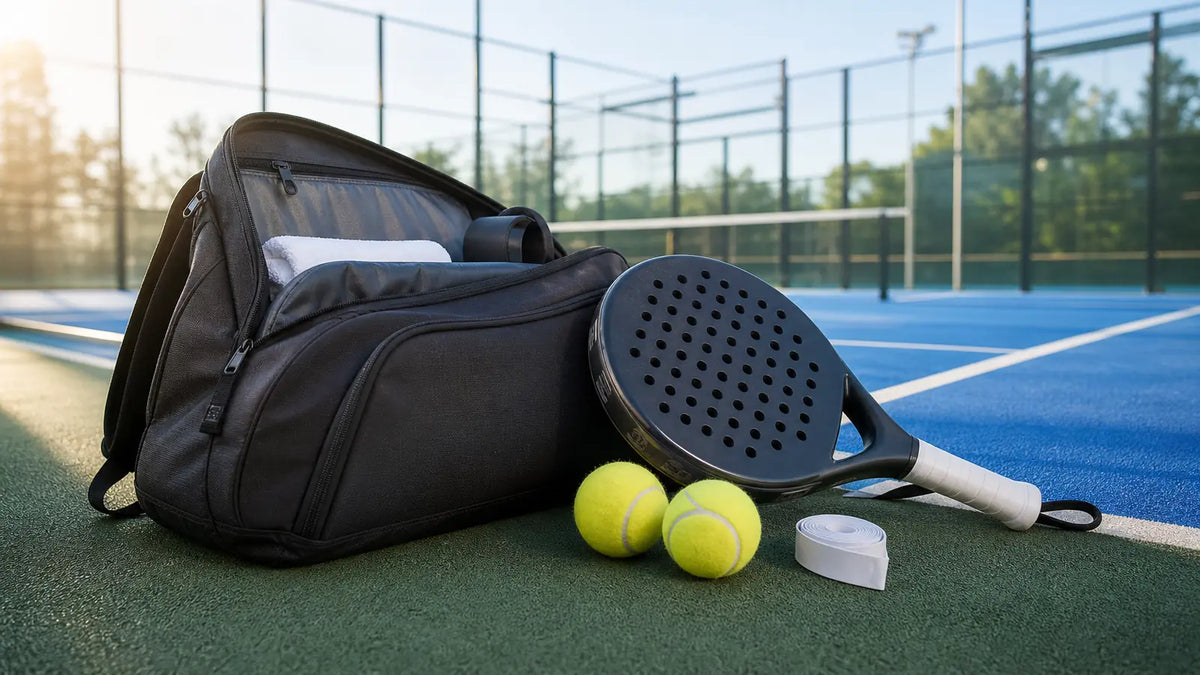 Sac de padel, raquette, balles et surgrip sur un terrain pour les accessoires indispensables