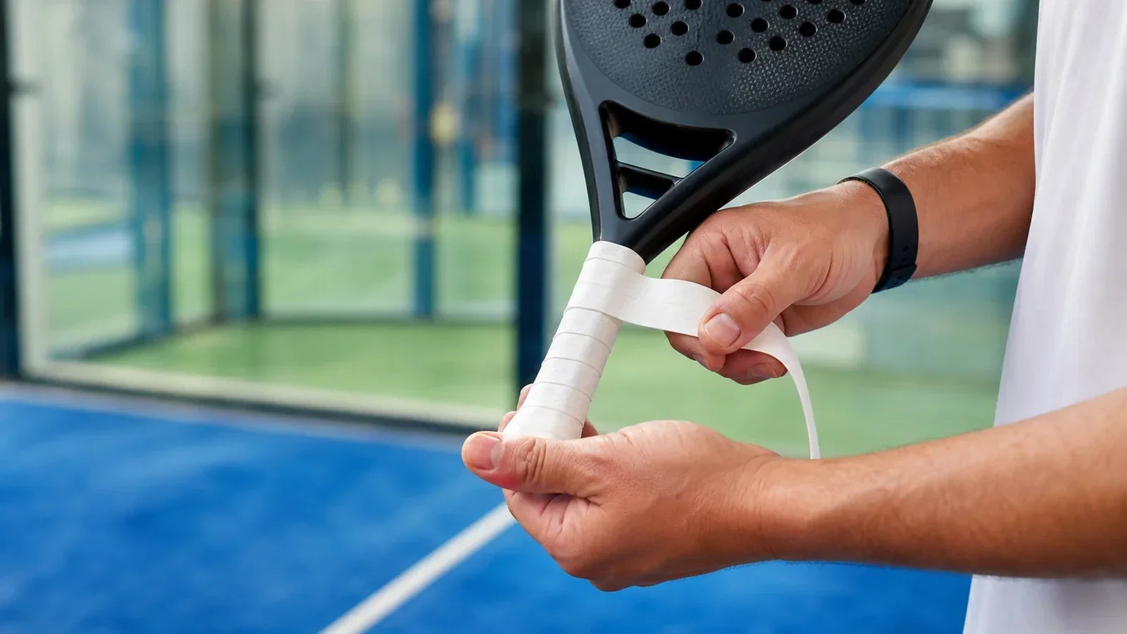 Overgrip padel blanc posé sur le manche d’une raquette, sur un terrain couvert