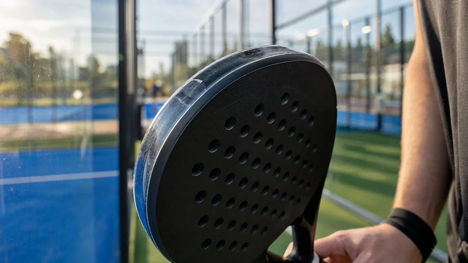 Raquette de padel avec protège-raquette transparent près d’une vitre de terrain