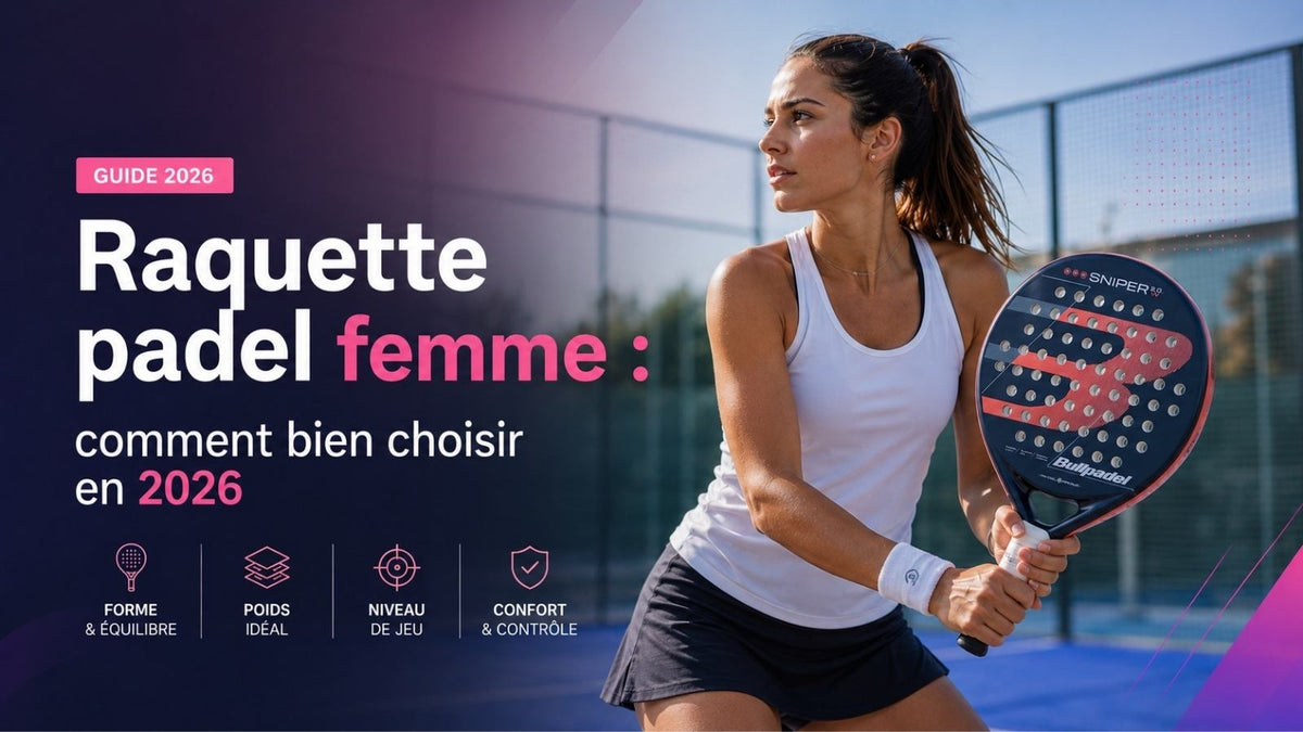 Hero illustrant une joueuse de padel tenant une Bullpadel Sniper 2.0 Woman 2026 sur un terrain de padel moderne, pour un guide d’achat intitulé « Raquette padel femme : comment bien choisir en 2026 ».