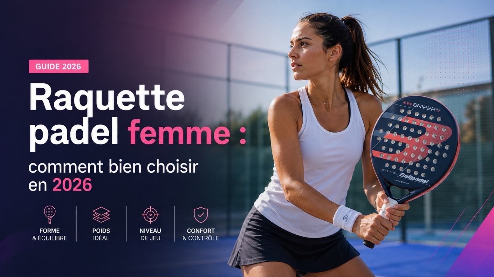 Hero illustrant une joueuse de padel tenant une Bullpadel Sniper 2.0 Woman 2026 sur un terrain de padel moderne, pour un guide d’achat intitulé « Raquette padel femme : comment bien choisir en 2026 ».