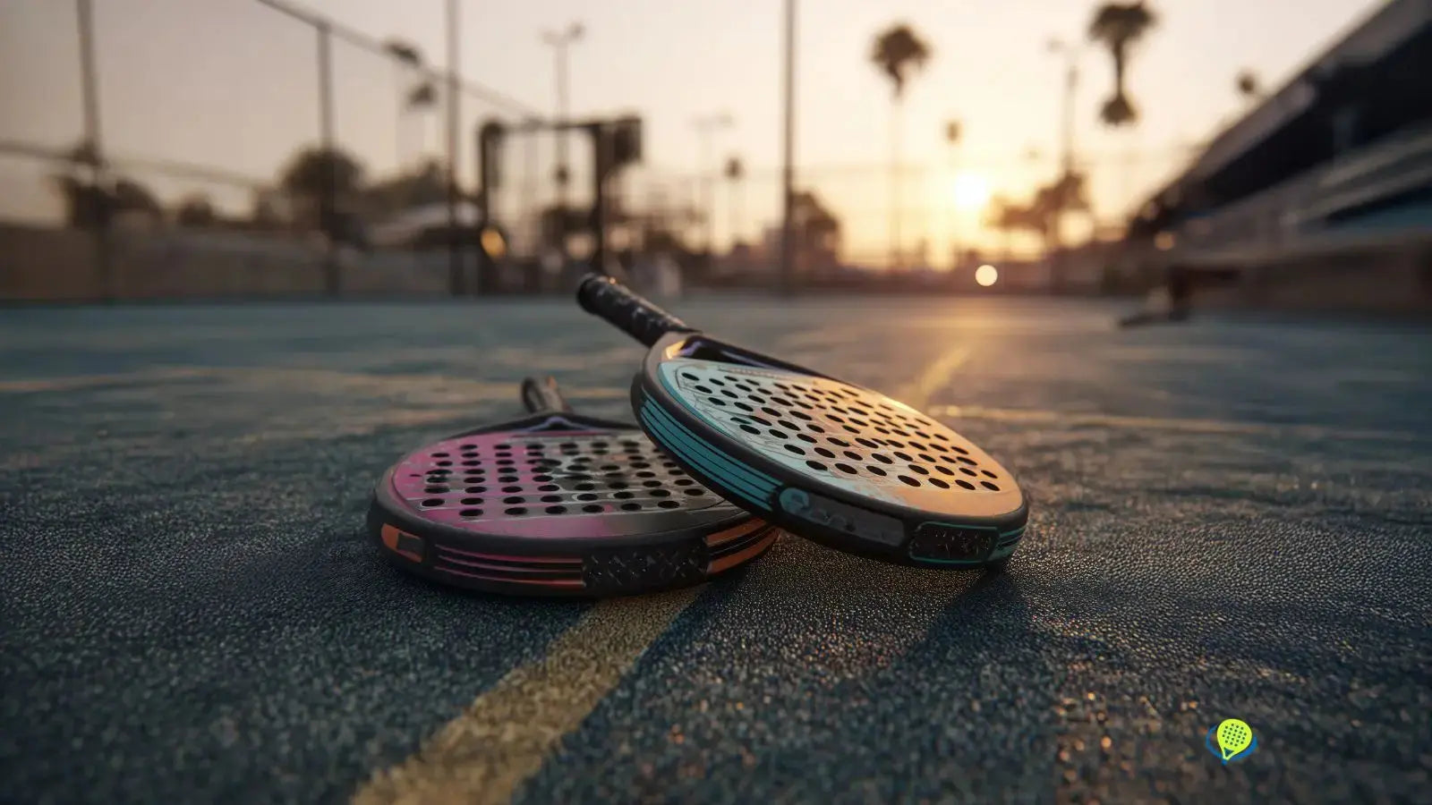 Deux raquettes de padel superposés sur un terrain de padel