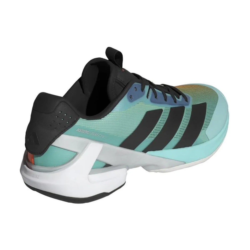 Chaussures padel Adidas Adizero Ubersonic 5 bleu orange — vue en perspective