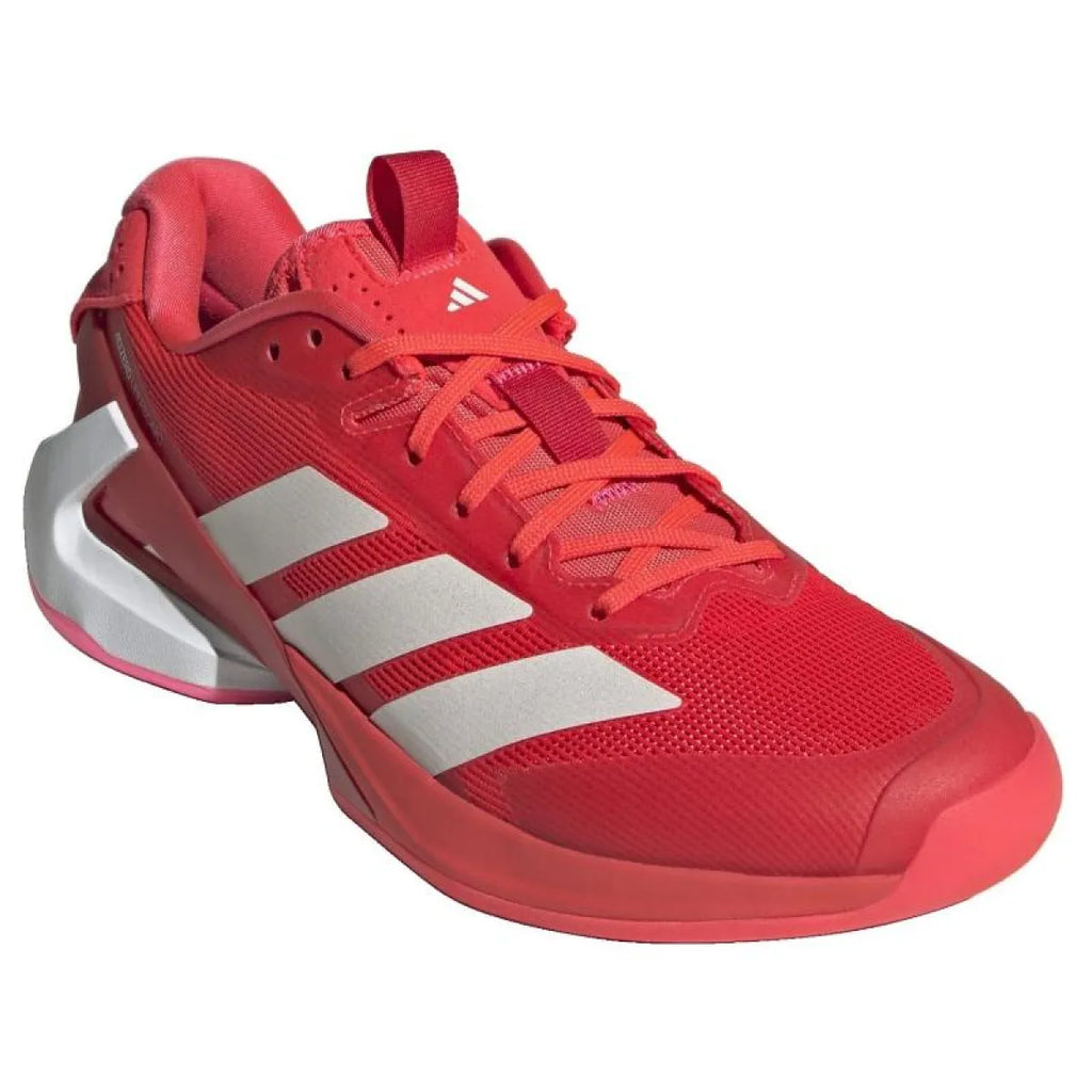 Chaussures padel femme Adidas Adizero Ubersonic 5 rouge blanc rose — vue en perspective