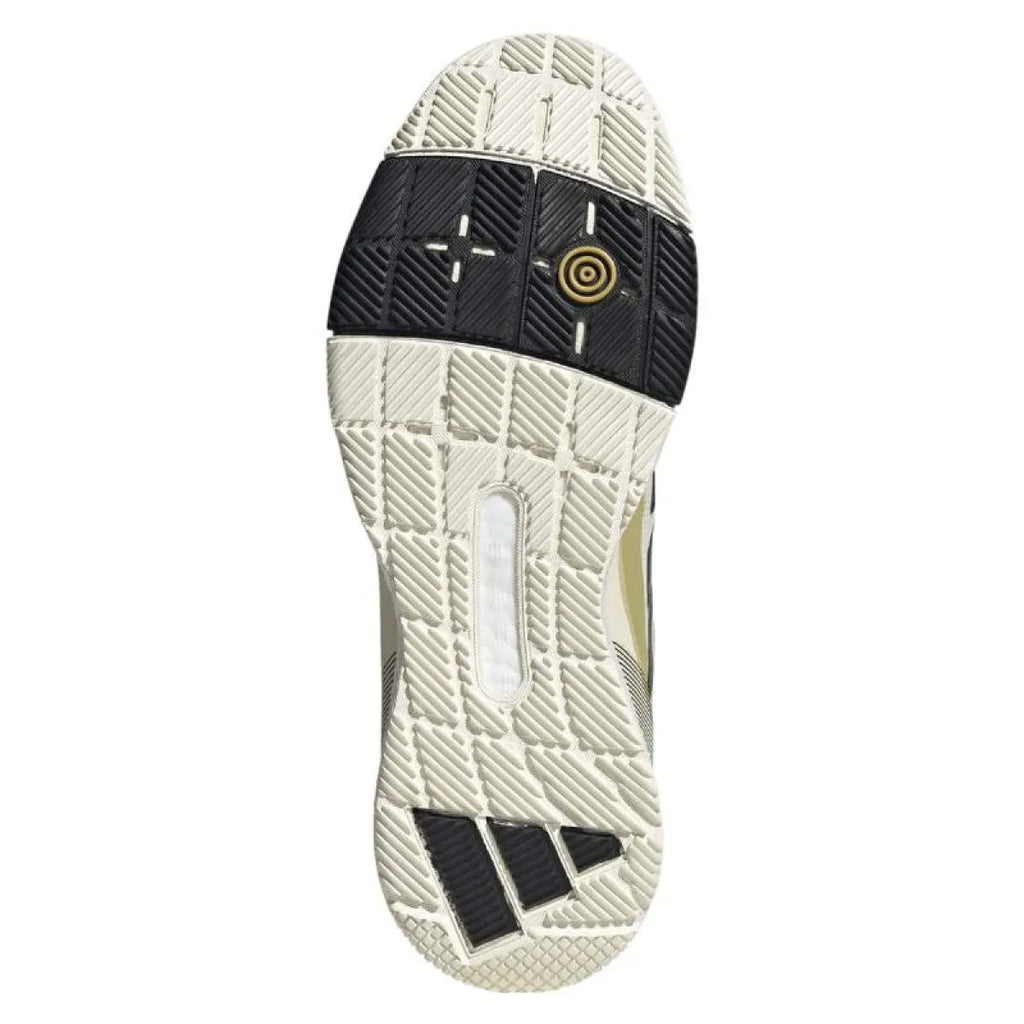 Chaussures padel Adidas Crazyquick Boost Padel blanc noir doré — vue de profil