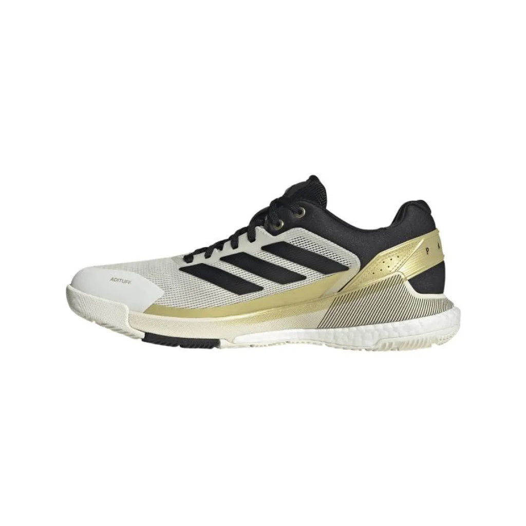 Chaussures padel Adidas Crazyquick Boost Padel blanc noir doré — vue de profil 2
