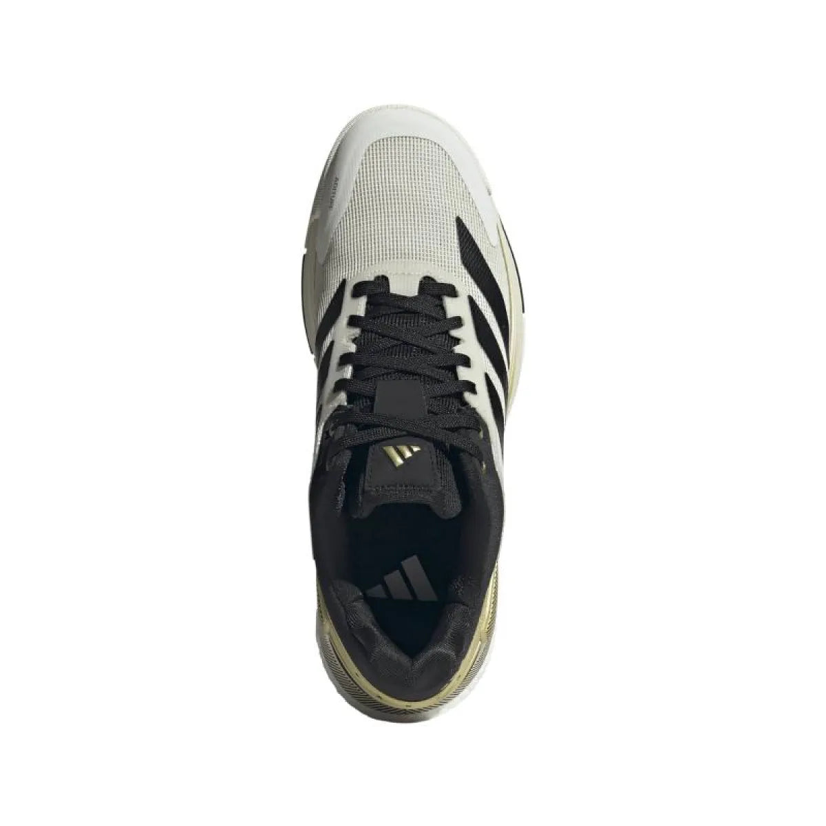 Chaussures padel Adidas Crazyquick Boost Padel blanc noir doré — vue en perspective