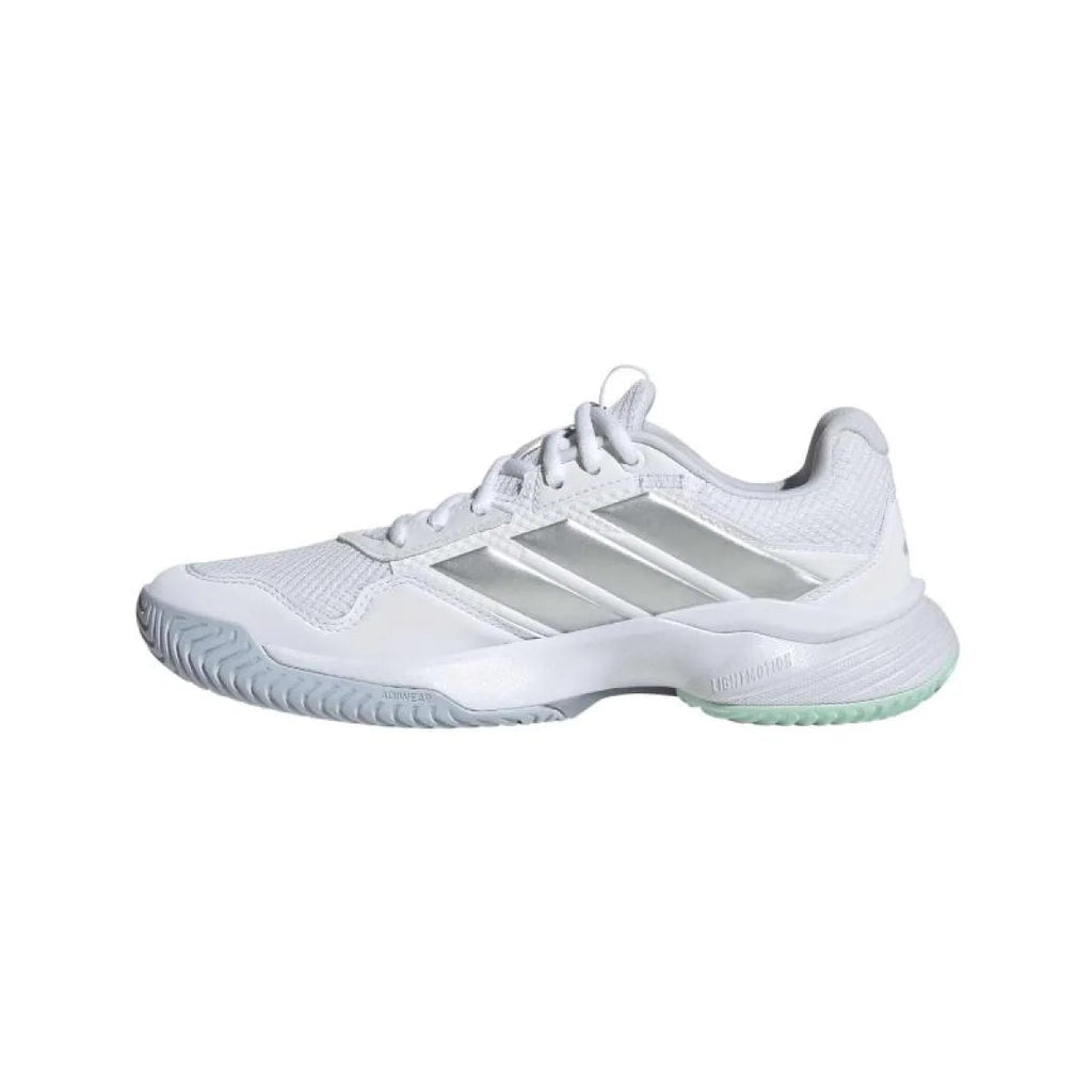 Chaussures padel femme Adidas GameCourt 3 blanc argent — vue de profil 2