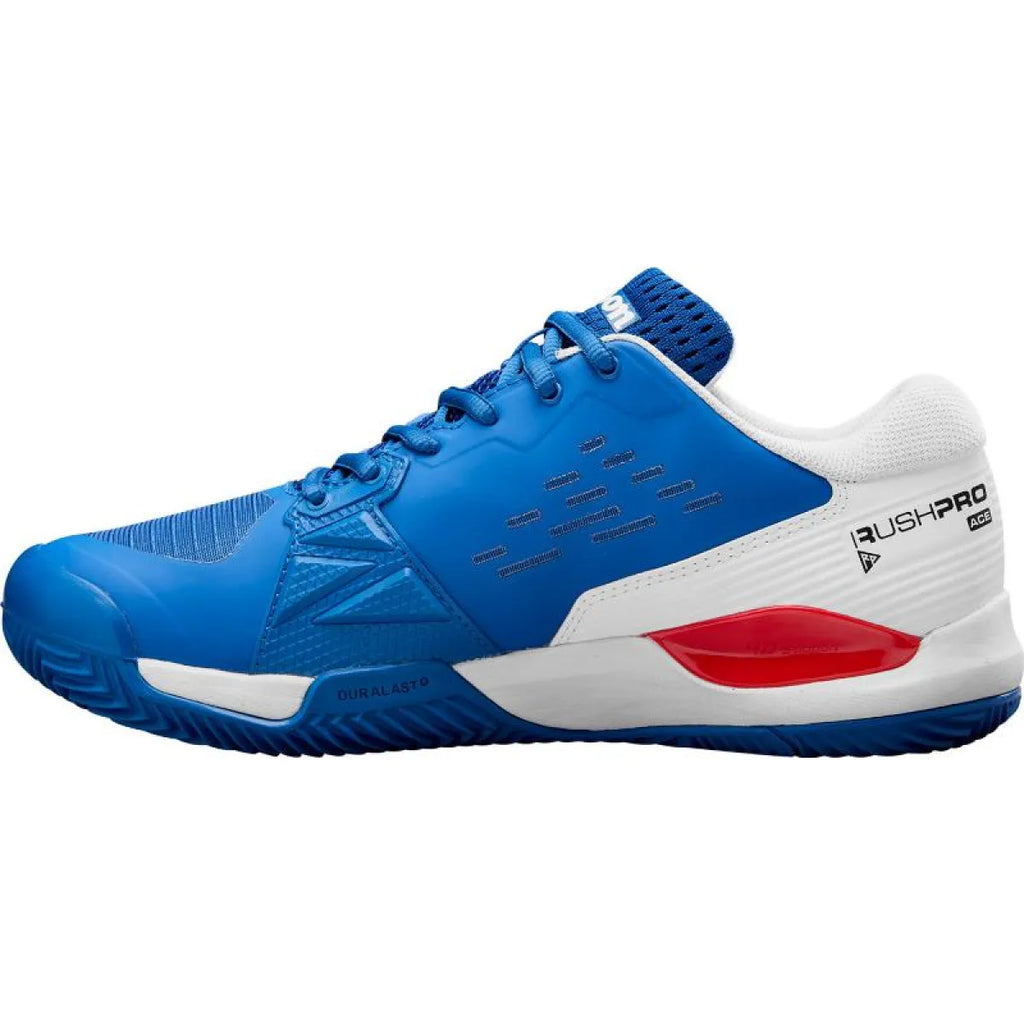 Chaussures padel Wilson Rush Pro Ace Clay bleu blanc rouge — vue de profil 2