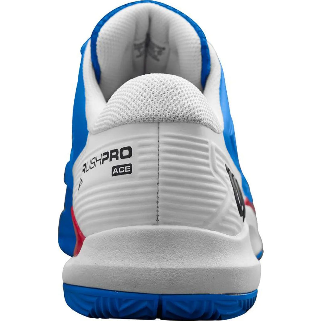 Chaussures padel Wilson Rush Pro Ace Clay bleu blanc rouge — vue en perspective