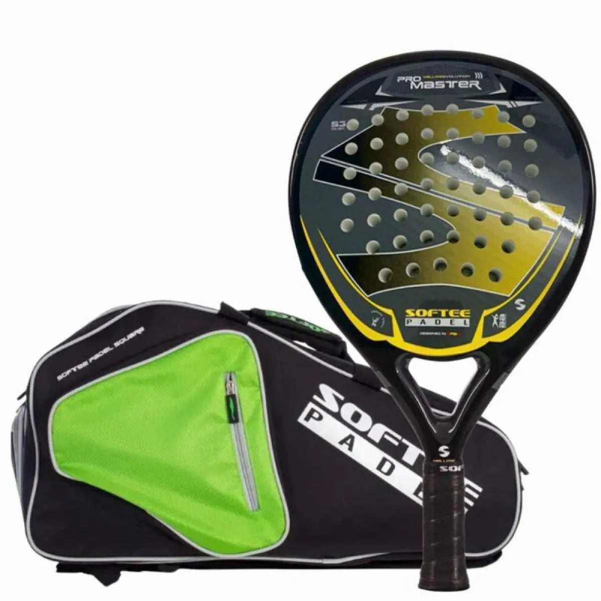 Pack raquette padel Softee Pro Master Evolution jaune avec sac de padel — vue de face